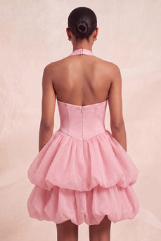 Pink Halter Corset Tiered Short Cocktail Dress with Covered Buttons