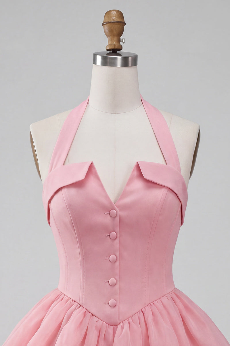 Load image into Gallery viewer, Pink Halter Corset Tiered Short Cocktail Dress with Covered Buttons