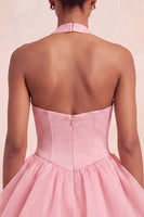 Load image into Gallery viewer, Pink Halter Corset Tiered Short Cocktail Dress with Covered Buttons