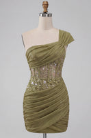 Load image into Gallery viewer, Olive One Shoulder Corset Tight Sequin Short Cocktail Dress with Lace