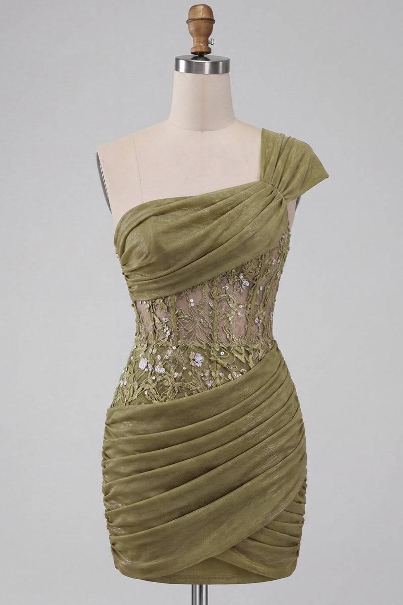 Load image into Gallery viewer, Olive One Shoulder Corset Tight Sequin Short Cocktail Dress with Lace