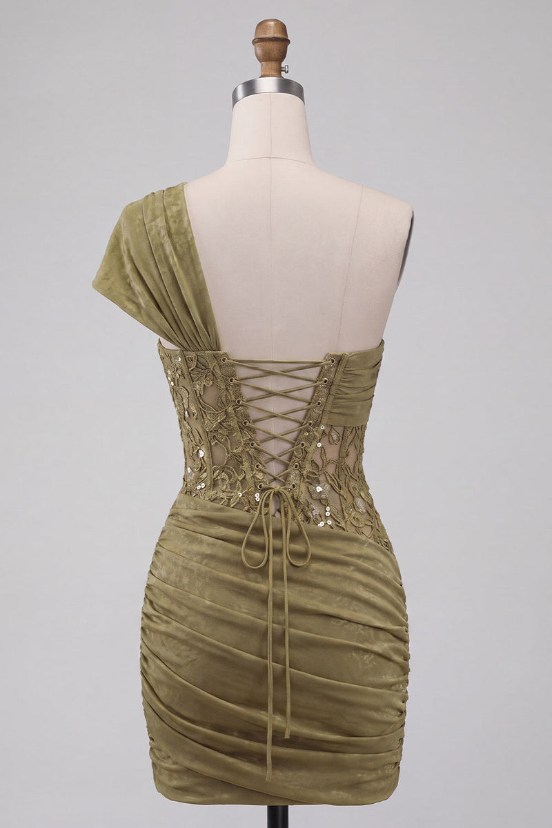 Load image into Gallery viewer, Olive One Shoulder Corset Tight Sequin Short Cocktail Dress with Lace