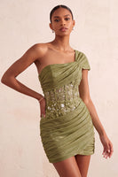 Load image into Gallery viewer, Olive One Shoulder Corset Tight Sequin Short Cocktail Dress with Lace