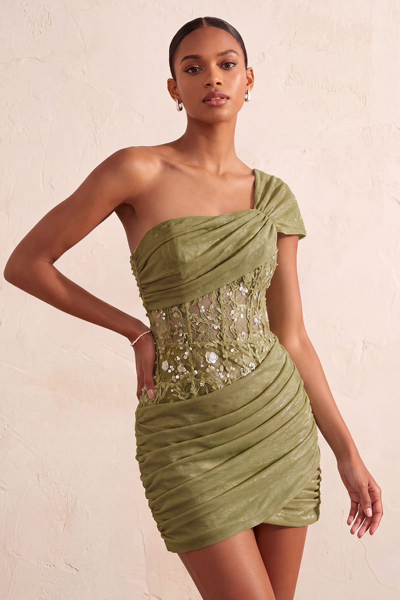 Load image into Gallery viewer, Olive One Shoulder Corset Tight Sequin Short Cocktail Dress with Lace