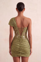 Load image into Gallery viewer, Olive One Shoulder Corset Tight Sequin Short Cocktail Dress with Lace