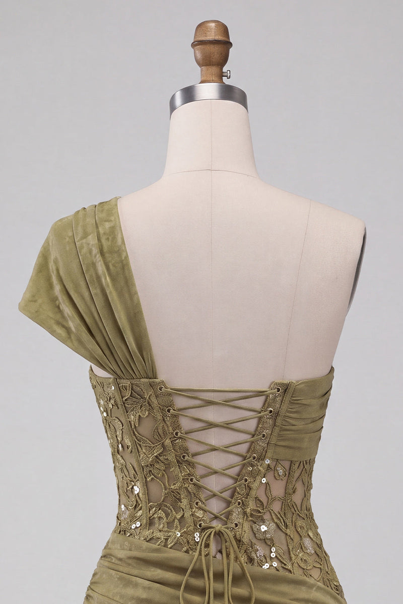 Load image into Gallery viewer, Olive One Shoulder Corset Tight Sequin Short Cocktail Dress with Lace