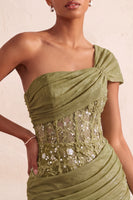 Load image into Gallery viewer, Olive One Shoulder Corset Tight Sequin Short Cocktail Dress with Lace
