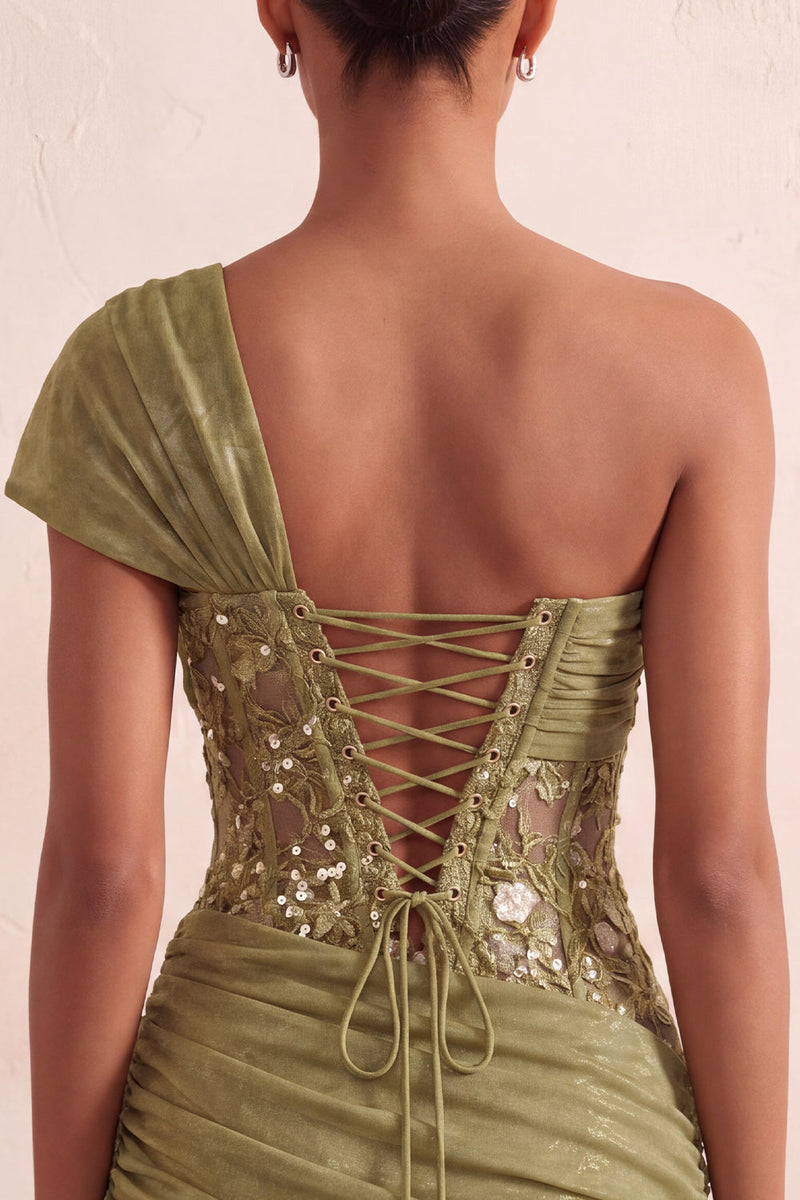 Load image into Gallery viewer, Olive One Shoulder Corset Tight Sequin Short Cocktail Dress with Lace