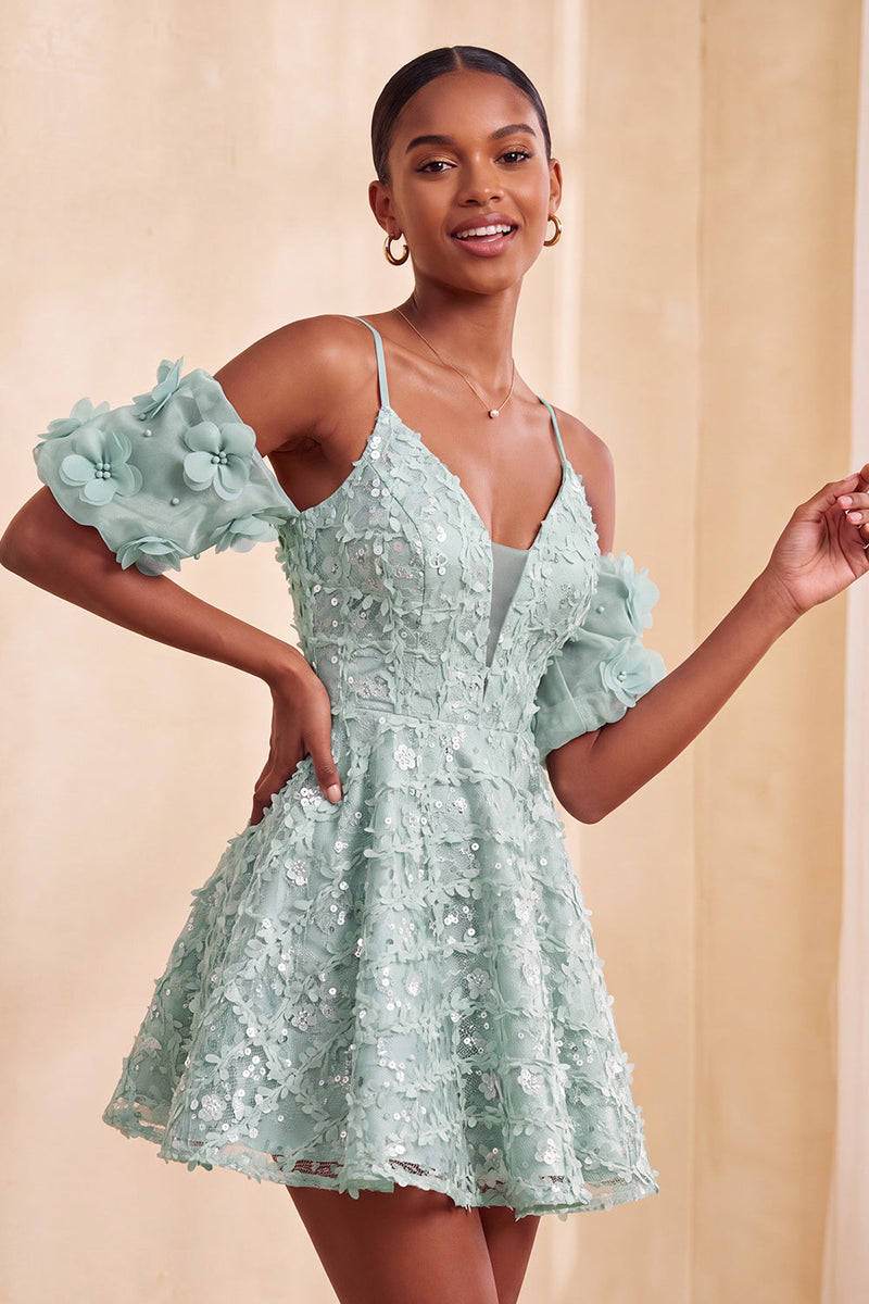Load image into Gallery viewer, Olive A-Line Floral Cold Shoulder Puff Sleeves Short Corset Cocktail Dress