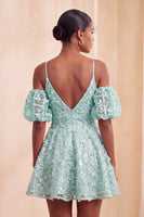 Load image into Gallery viewer, Olive A-Line Floral Cold Shoulder Puff Sleeves Short Corset Cocktail Dress