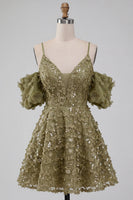 Load image into Gallery viewer, Olive A-Line Floral Cold Shoulder Puff Sleeves Short Corset Cocktail Dress