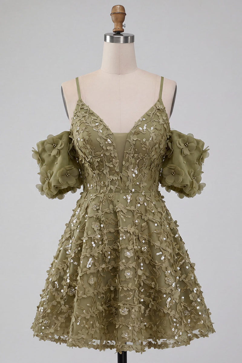 Load image into Gallery viewer, Olive A-Line Floral Cold Shoulder Puff Sleeves Short Corset Cocktail Dress
