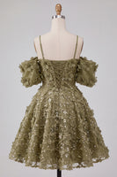 Load image into Gallery viewer, Olive A-Line Floral Cold Shoulder Puff Sleeves Short Corset Cocktail Dress