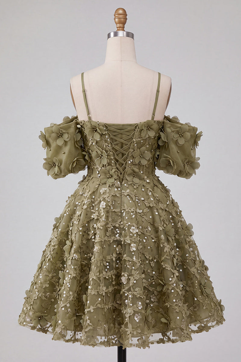 Load image into Gallery viewer, Olive A-Line Floral Cold Shoulder Puff Sleeves Short Corset Cocktail Dress