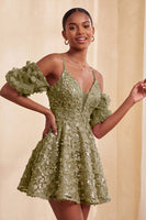 Load image into Gallery viewer, Olive A-Line Floral Cold Shoulder Puff Sleeves Short Corset Cocktail Dress