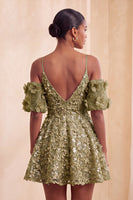 Load image into Gallery viewer, Olive A-Line Floral Cold Shoulder Puff Sleeves Short Corset Cocktail Dress