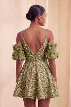 Olive A-Line Floral Cold Shoulder Puff Sleeves Short Corset Cocktail Dress