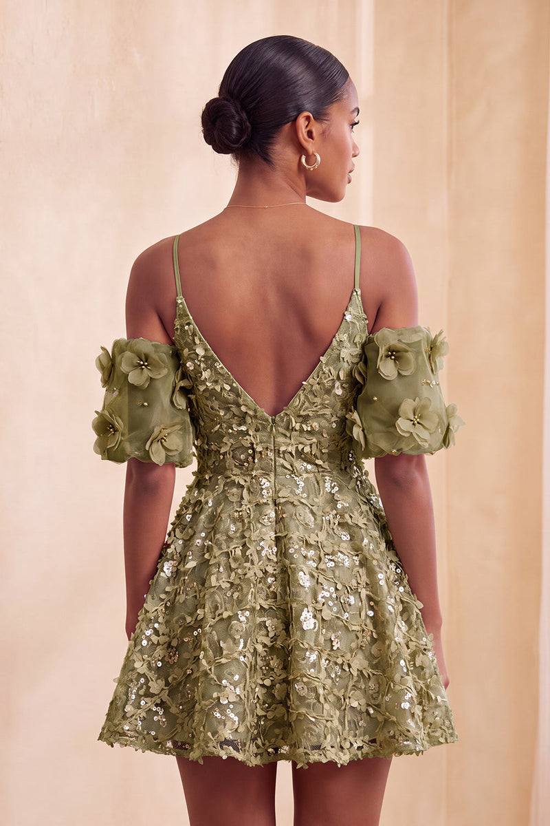 Load image into Gallery viewer, Olive A-Line Floral Cold Shoulder Puff Sleeves Short Corset Cocktail Dress