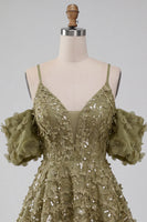 Load image into Gallery viewer, Olive A-Line Floral Cold Shoulder Puff Sleeves Short Corset Cocktail Dress