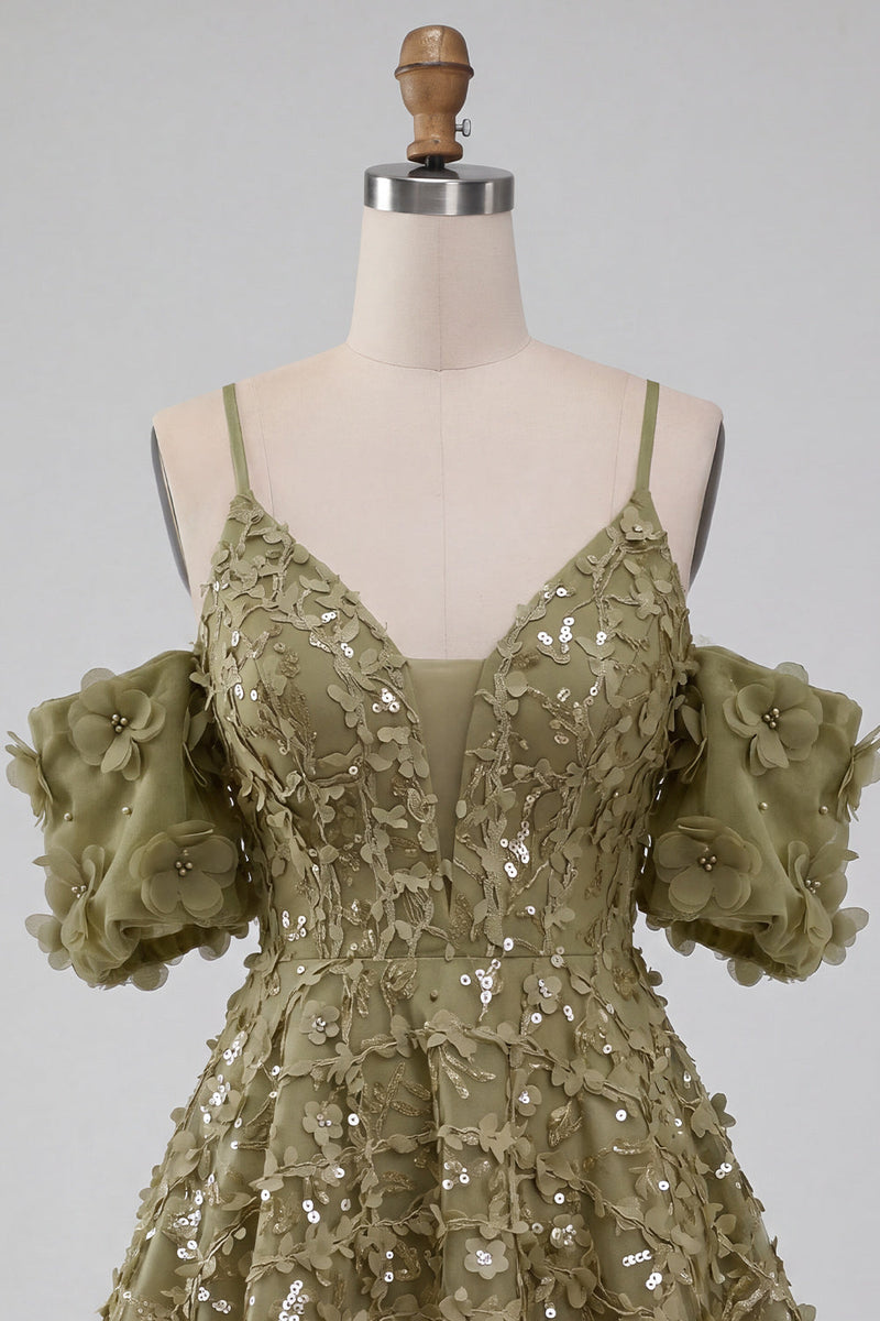 Load image into Gallery viewer, Olive A-Line Floral Cold Shoulder Puff Sleeves Short Corset Cocktail Dress