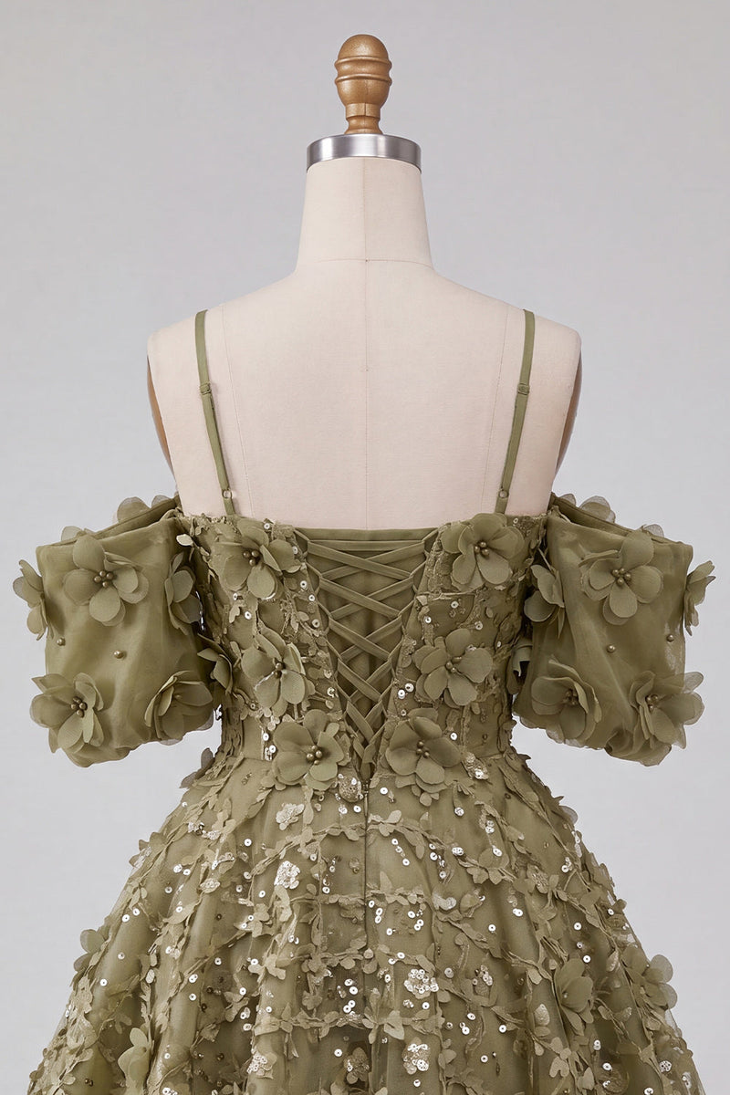 Load image into Gallery viewer, Olive A-Line Floral Cold Shoulder Puff Sleeves Short Corset Cocktail Dress