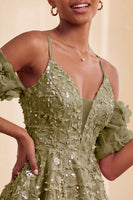 Load image into Gallery viewer, Olive A-Line Floral Cold Shoulder Puff Sleeves Short Corset Cocktail Dress