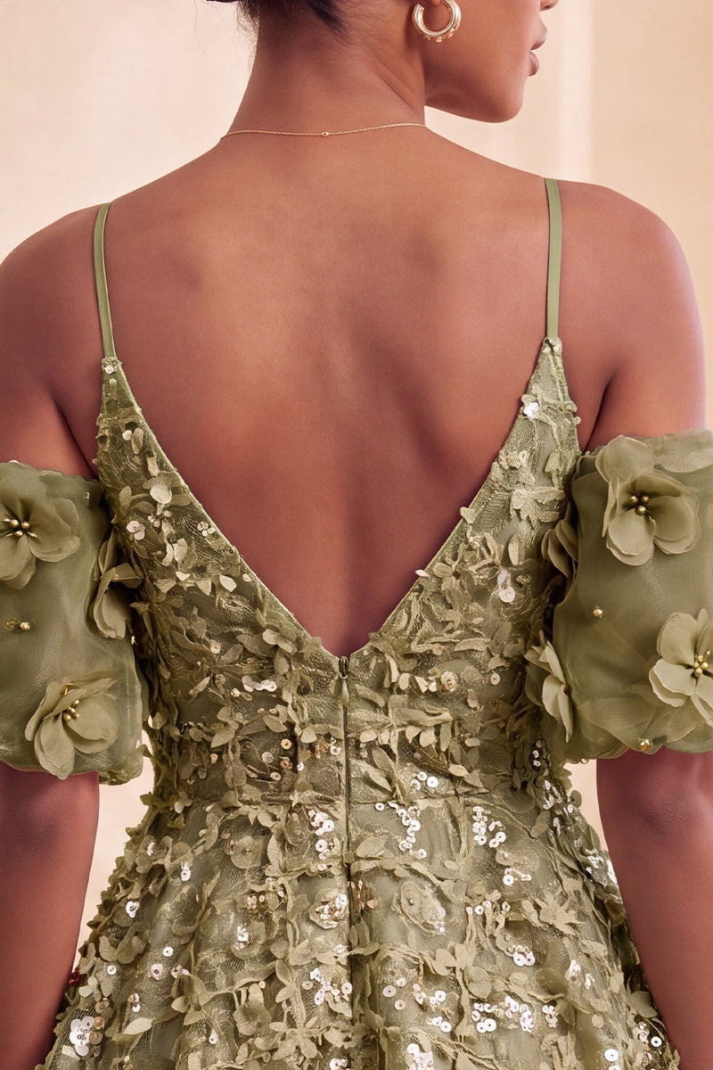Load image into Gallery viewer, Olive A-Line Floral Cold Shoulder Puff Sleeves Short Corset Cocktail Dress