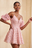 Load image into Gallery viewer, Olive A-Line Floral Cold Shoulder Puff Sleeves Short Corset Cocktail Dress