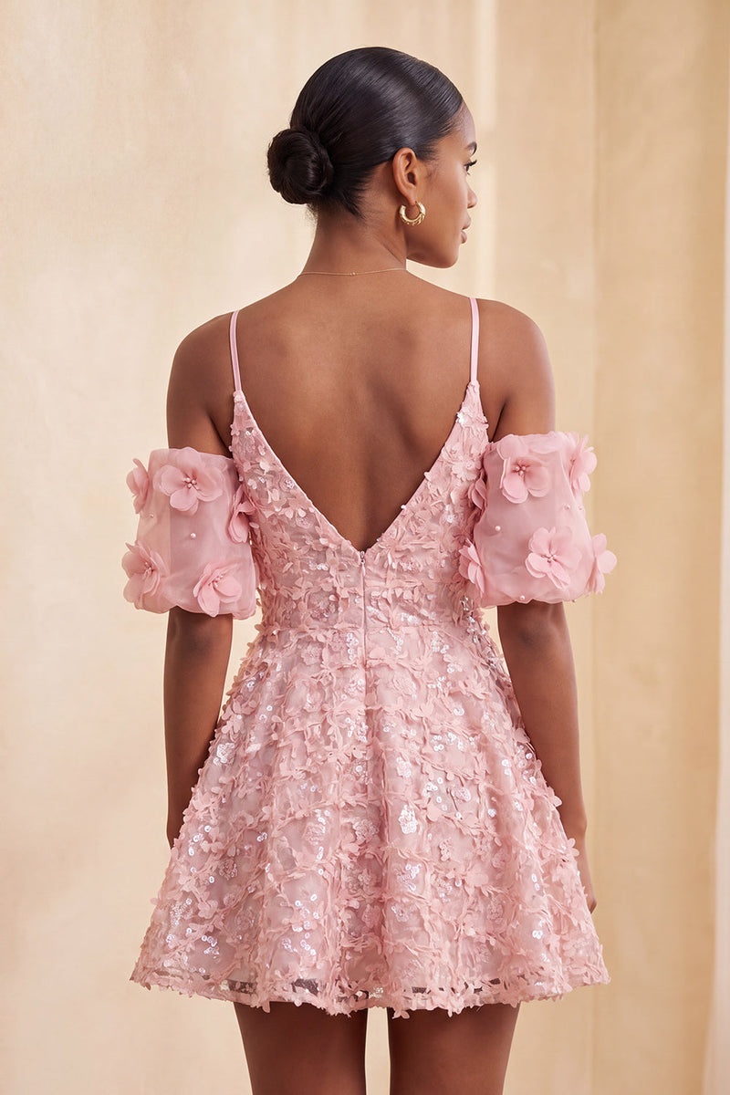 Load image into Gallery viewer, Olive A-Line Floral Cold Shoulder Puff Sleeves Short Corset Cocktail Dress