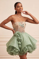Load image into Gallery viewer, Sparkly Dusty Sage A Line Corset Beaded Short Cocktail Dress with 3D Flowers