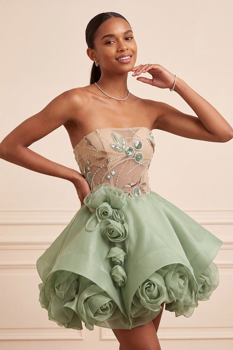Load image into Gallery viewer, Sparkly Dusty Sage A Line Corset Beaded Short Cocktail Dress with 3D Flowers