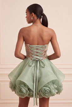 Sparkly Dusty Sage A Line Corset Beaded Short Cocktail Dress with 3D Flowers