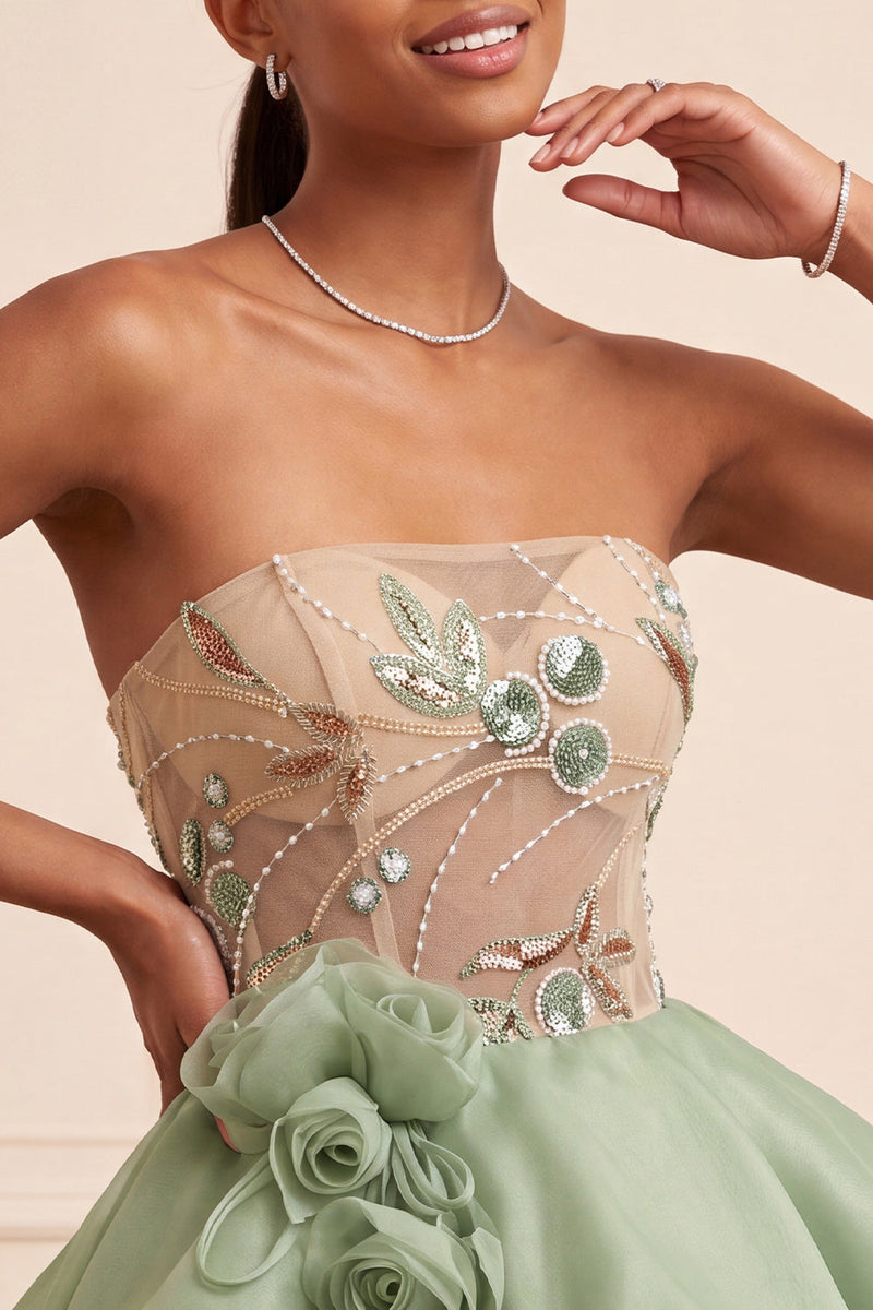 Load image into Gallery viewer, Sparkly Dusty Sage A Line Corset Beaded Short Cocktail Dress with 3D Flowers