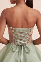 Load image into Gallery viewer, Sparkly Dusty Sage A Line Corset Beaded Short Cocktail Dress with 3D Flowers