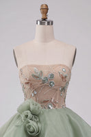 Load image into Gallery viewer, Sparkly Dusty Sage A Line Corset Beaded Short Cocktail Dress with 3D Flowers