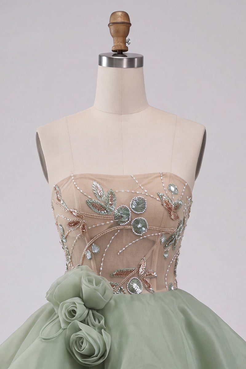 Load image into Gallery viewer, Sparkly Dusty Sage A Line Corset Beaded Short Cocktail Dress with 3D Flowers