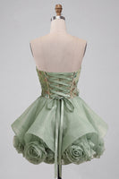 Load image into Gallery viewer, Sparkly Dusty Sage A Line Corset Beaded Short Cocktail Dress with 3D Flowers