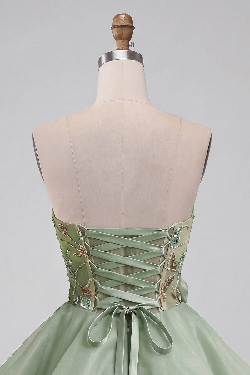 Load image into Gallery viewer, Sparkly Dusty Sage A Line Corset Beaded Short Cocktail Dress with 3D Flowers