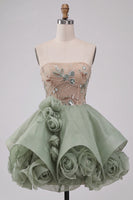 Load image into Gallery viewer, Sparkly Dusty Sage A Line Corset Beaded Short Cocktail Dress with 3D Flowers