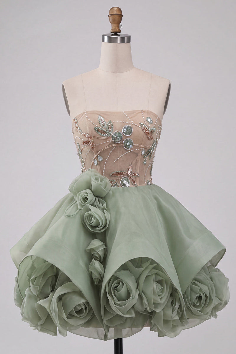 Load image into Gallery viewer, Sparkly Dusty Sage A Line Corset Beaded Short Cocktail Dress with 3D Flowers