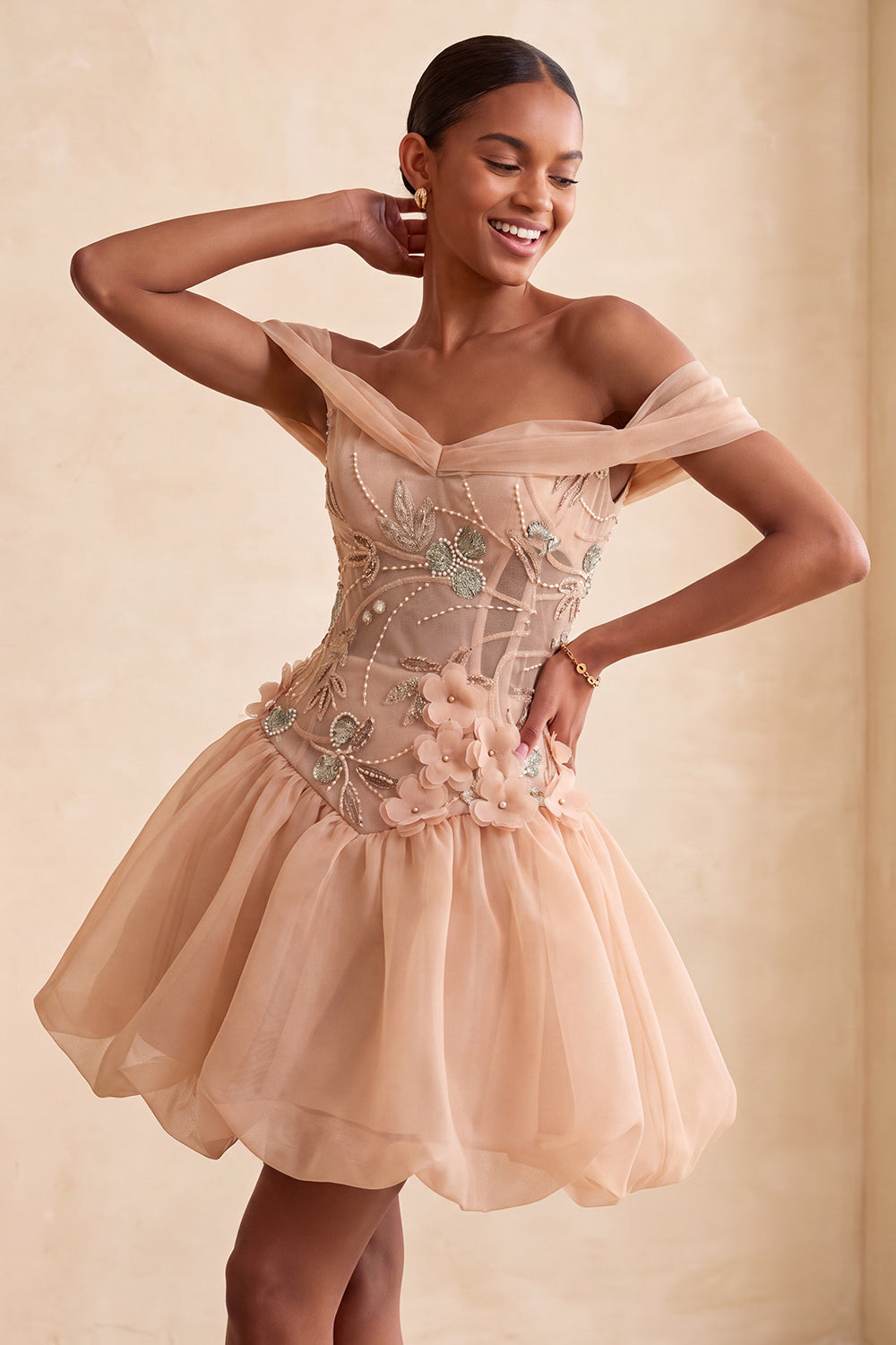 Sparkly Light Pink A Line Beaded Corset Floral Short Cocktail Dress