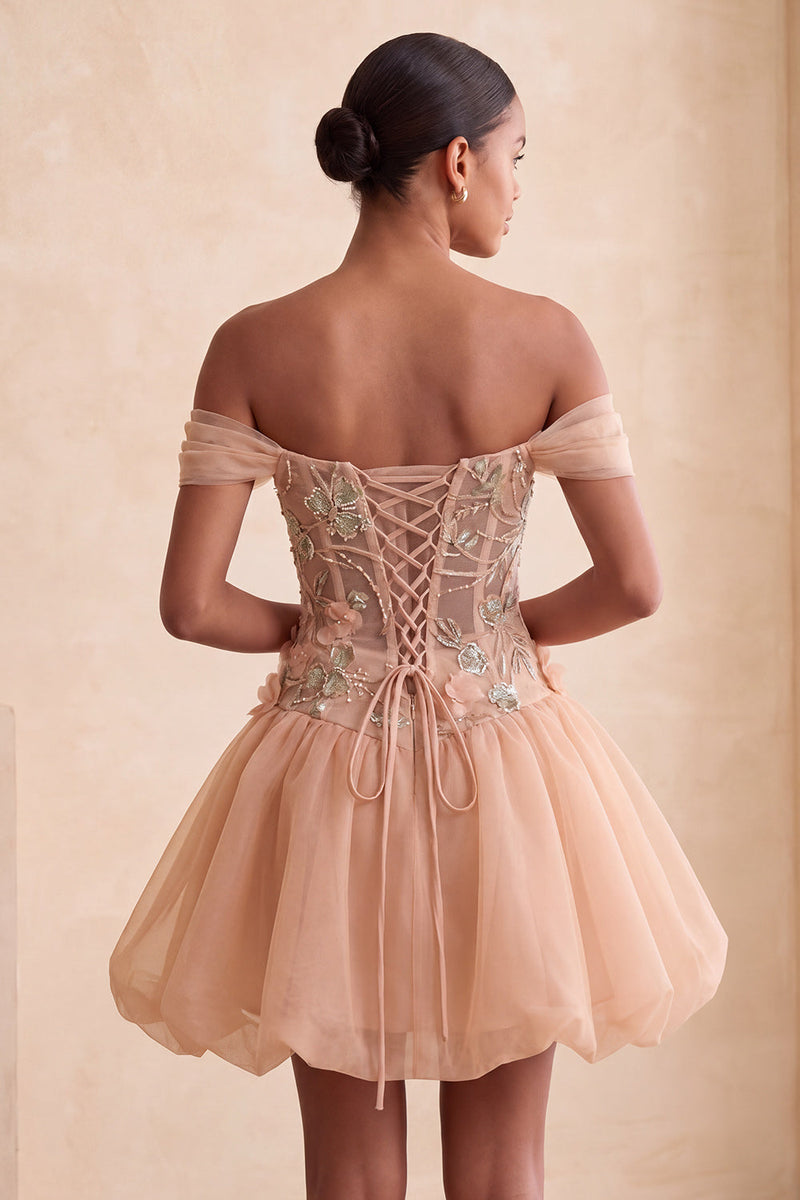 Load image into Gallery viewer, Sparkly Light Pink A Line Beaded Corset Floral Short Cocktail Dress