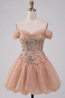 Load image into Gallery viewer, Sparkly Light Pink A Line Beaded Corset Floral Short Cocktail Dress