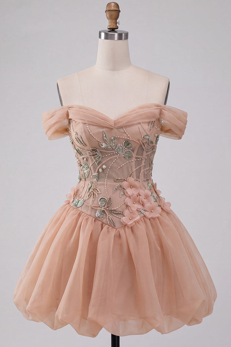 Load image into Gallery viewer, Sparkly Light Pink A Line Beaded Corset Floral Short Cocktail Dress