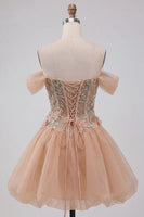 Load image into Gallery viewer, Sparkly Light Pink A Line Beaded Corset Floral Short Cocktail Dress