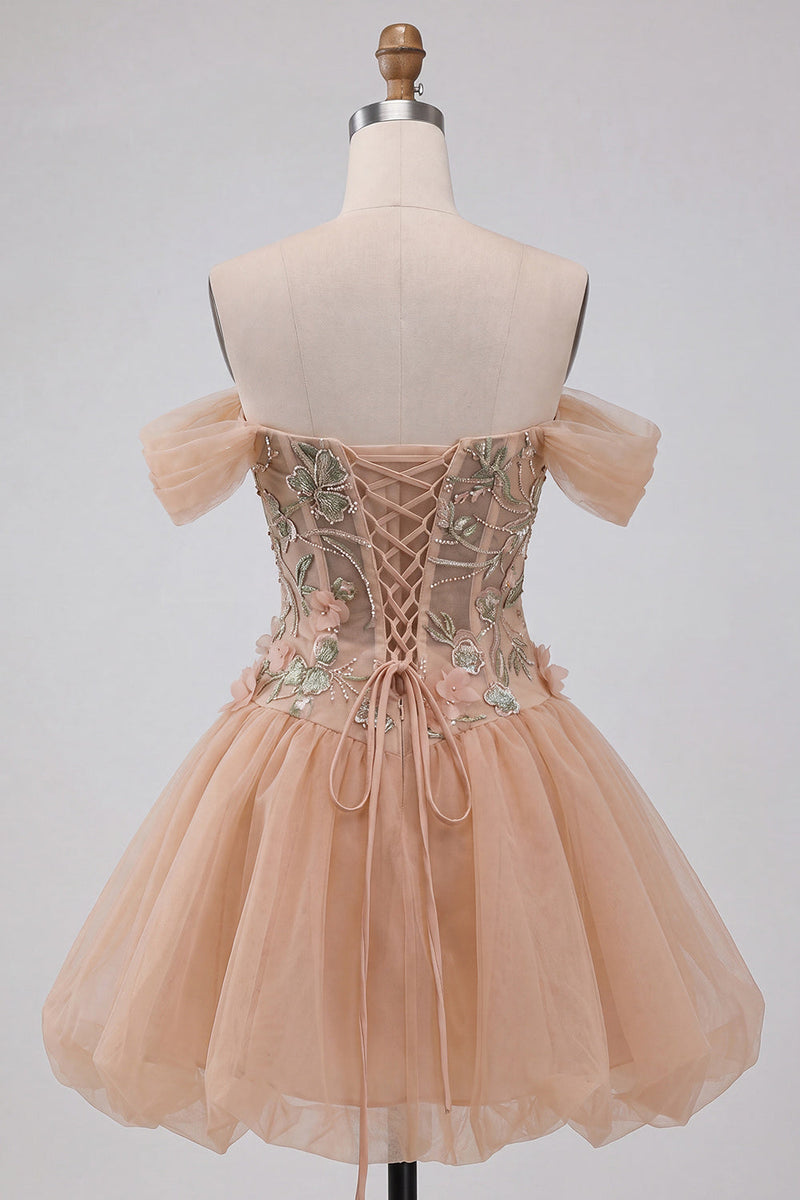 Load image into Gallery viewer, Sparkly Light Pink A Line Beaded Corset Floral Short Cocktail Dress