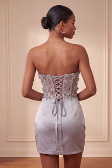 Light Grey Corset Floral Tight Ruched Short Cocktail Dress