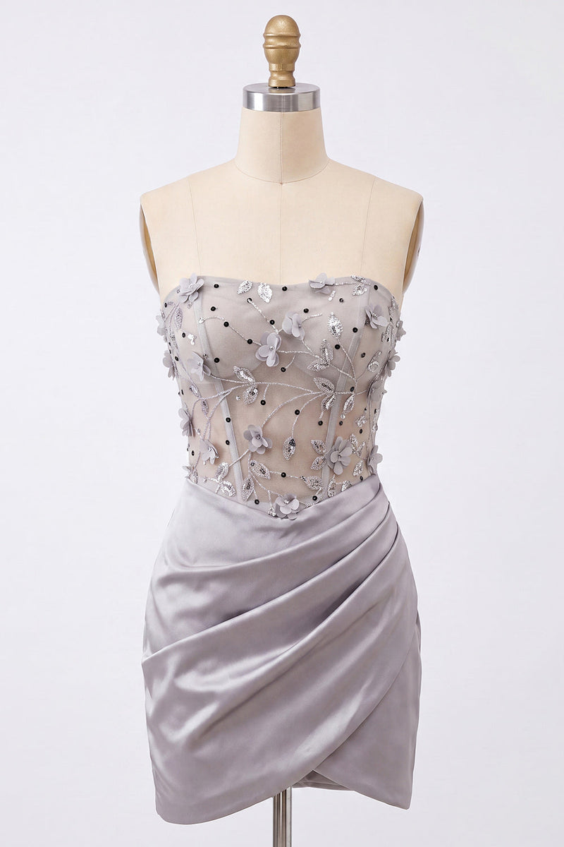 Load image into Gallery viewer, Light Grey Corset Floral Tight Ruched Short Cocktail Dress