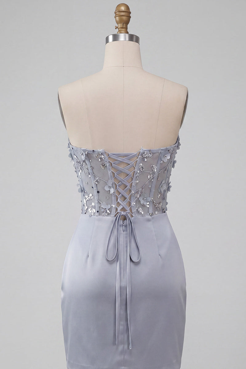 Load image into Gallery viewer, Light Grey Corset Floral Tight Ruched Short Cocktail Dress