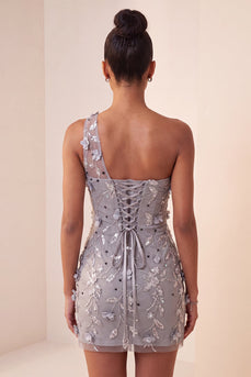 Floral Grey Sequins Tight Sparkly One Shoulder Short Cocktail Dress